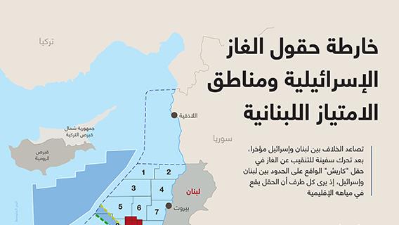خارطة حقول الغاز الإسرائيلية ومناطق الامتياز اللبنانية